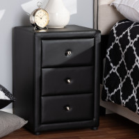 Baxton Studio BBT3138-Black-NS Tessa Modern and Contemporary Black Faux Leather Upholstered 3-Drawer Nightstand